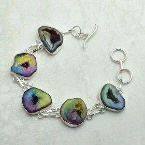 Stamped 925 Sterling Silver NATURAL Rainbow Solar Quartz Gemstone Bracelet